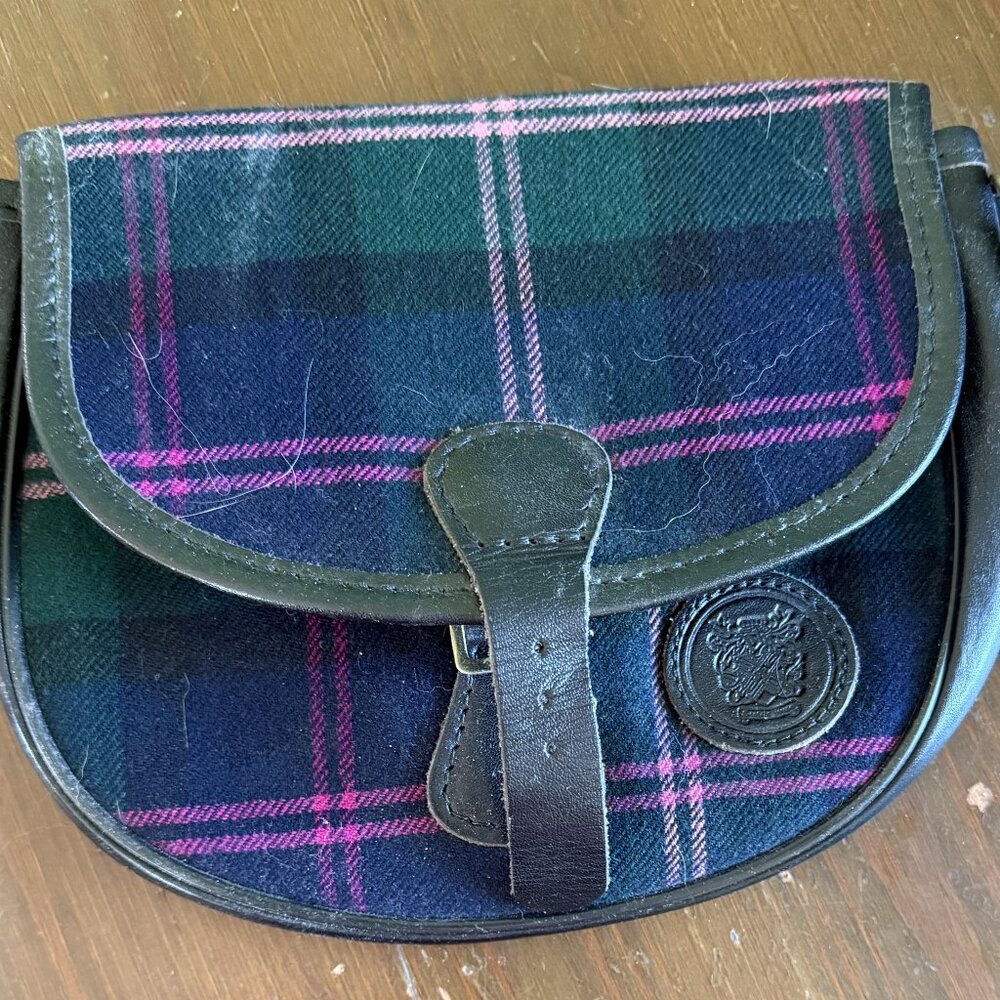 Small Tartan Plaid Wool Purse Vintage Green Plaid and Black Leather